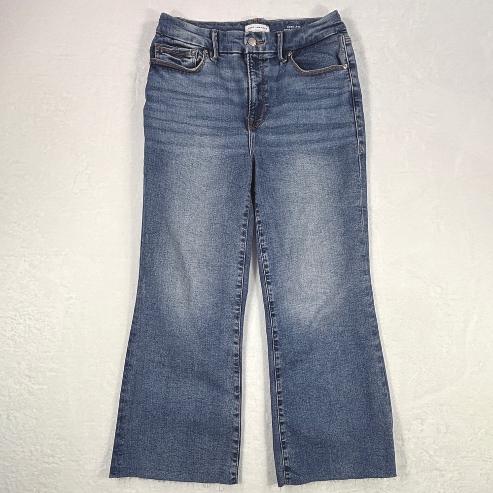 Good American Good Legs Crop Mini Boot Jeans Medium Wash Blue Raw Hem Size 6-12